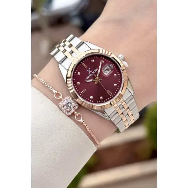 Kadranı Bordo Kordonu Rose Gümüş Renk 30 Mm Hediye Paketli Kadın Kol Saati