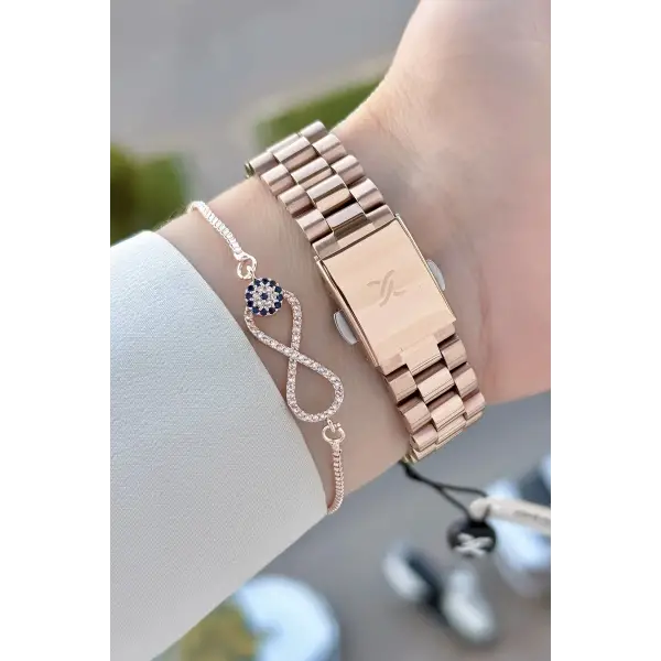 Kadranı Kordonu Rose Renk 33 Mm Hediye Paketli Kadın Kol Saati ve Bileklik