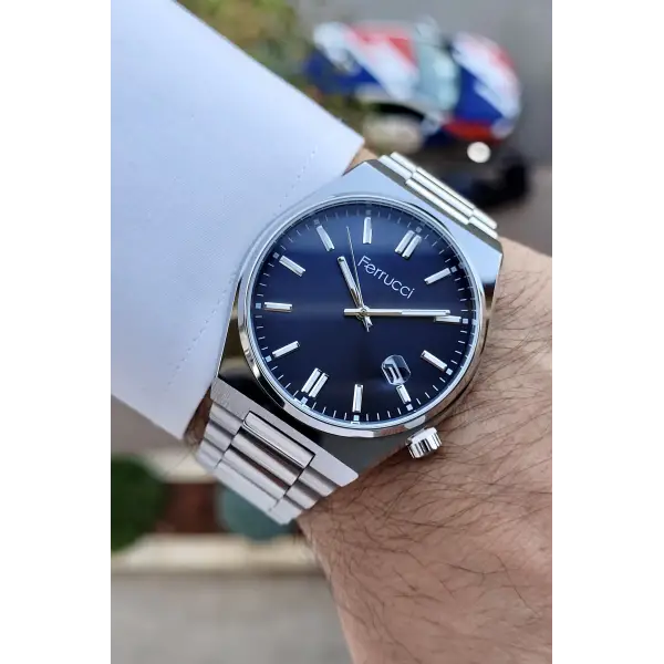 Ferrucci FCISTE223 Kadranı Lacivert Kordonu Gümüş Renk Takvimli Erkek Kol Saati