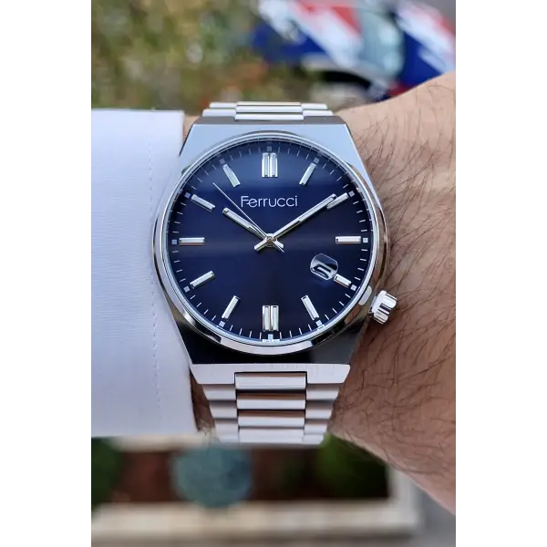 Ferrucci FCISTE223 Kadranı Lacivert Kordonu Gümüş Renk Takvimli Erkek Kol Saati