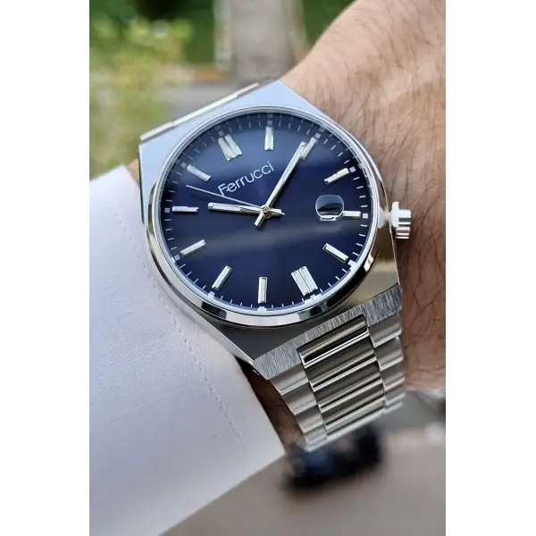 Ferrucci FCISTE223 Kadranı Lacivert Kordonu Gümüş Renk Takvimli Erkek Kol Saati
