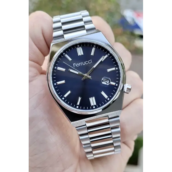 Ferrucci FCISTE223 Kadranı Lacivert Kordonu Gümüş Renk Takvimli Erkek Kol Saati