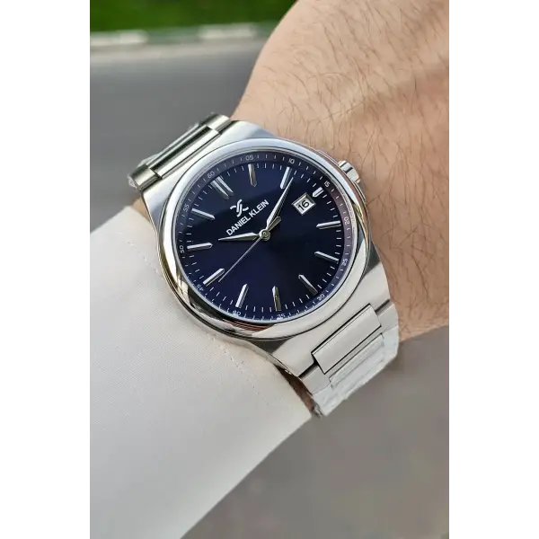 Kadranı Lacivert Kordonu Gümüş Renk Takvimli Hediye Paketli Erkek Kol Saati
