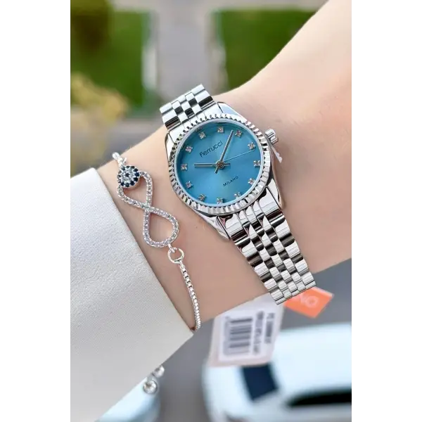 Kadranı Mavi Kordonu Gümüş Renk 24 Mm Kadın Kol Saati ve Bileklik