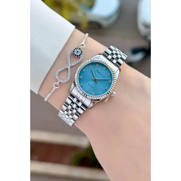 Kadranı Mavi Kordonu Gümüş Renk 24 Mm Kadın Kol Saati ve Bileklik