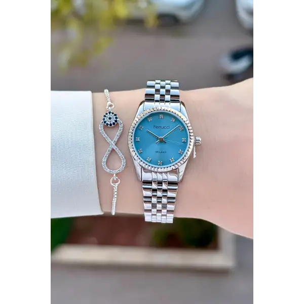 Kadranı Mavi Kordonu Gümüş Renk 24 Mm Kadın Kol Saati ve Bileklik