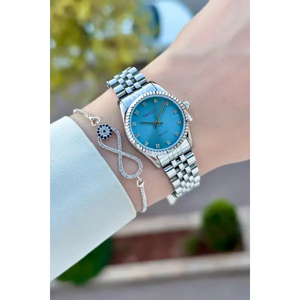 Kadranı Mavi Kordonu Gümüş Renk 24 Mm Kadın Kol Saati ve Bileklik