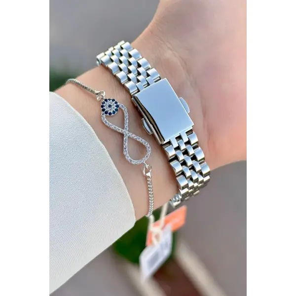 Kadranı Mavi Kordonu Gümüş Renk 24 Mm Kadın Kol Saati ve Bileklik