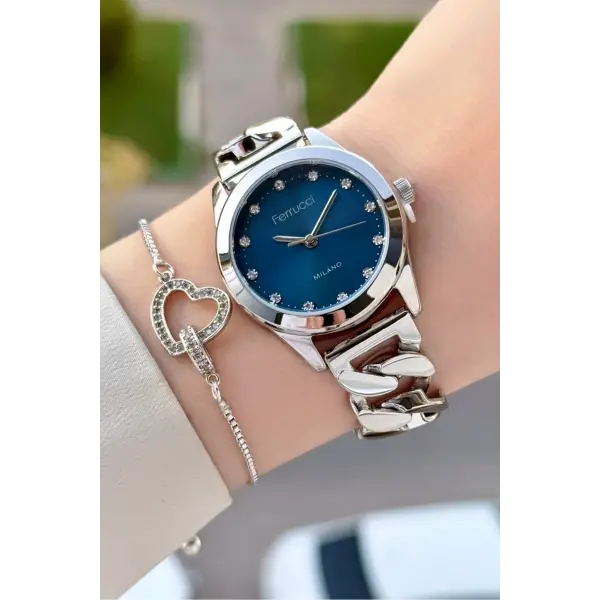 Kadranı Mavi Kordonu Gümüş Renk 30 Mm Kadın Kol Saati ve Bileklik