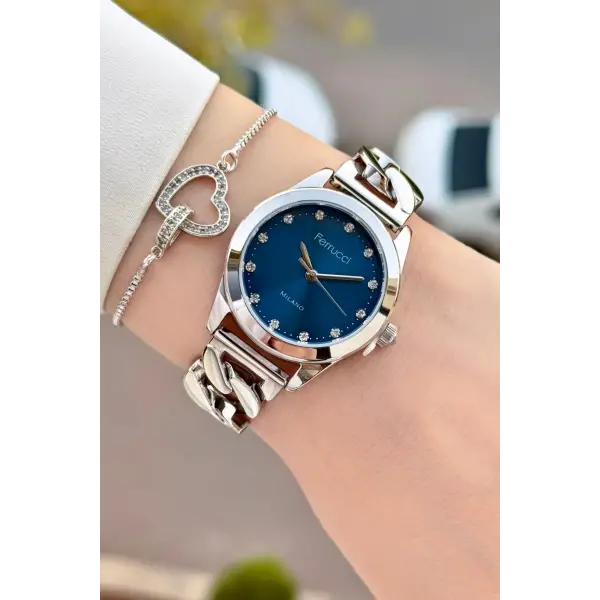 Kadranı Mavi Kordonu Gümüş Renk 30 Mm Kadın Kol Saati ve Bileklik