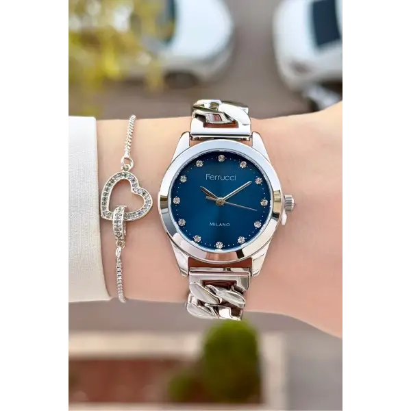 Kadranı Mavi Kordonu Gümüş Renk 30 Mm Kadın Kol Saati ve Bileklik