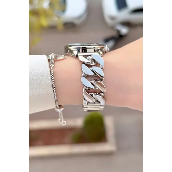 Kadranı Mavi Kordonu Gümüş Renk 30 Mm Kadın Kol Saati ve Bileklik