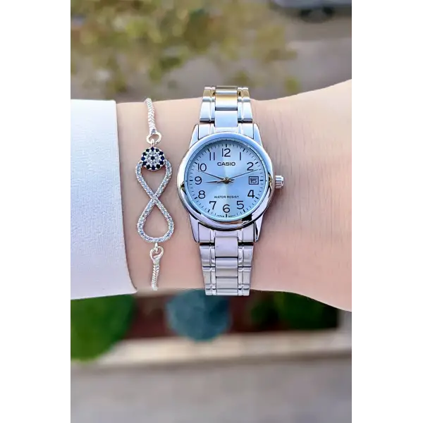 Casio CSISTE110 Kadranı Mavi Kordonu Gümüş Renk Takvimli Hediye Paketli Kadın Kol Saati