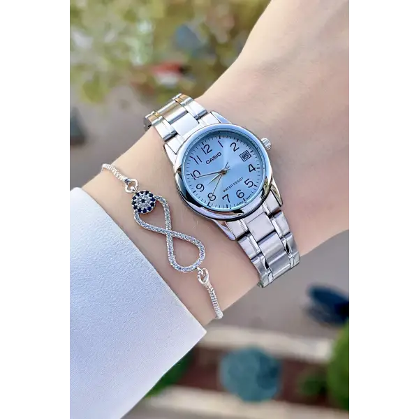 Casio CSISTE110 Kadranı Mavi Kordonu Gümüş Renk Takvimli Hediye Paketli Kadın Kol Saati