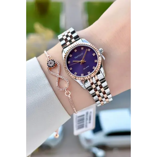 Kadranı Mor Kordonu Rose Gümüş Renk 24 Mm Kadın Kol Saati ve Bileklik