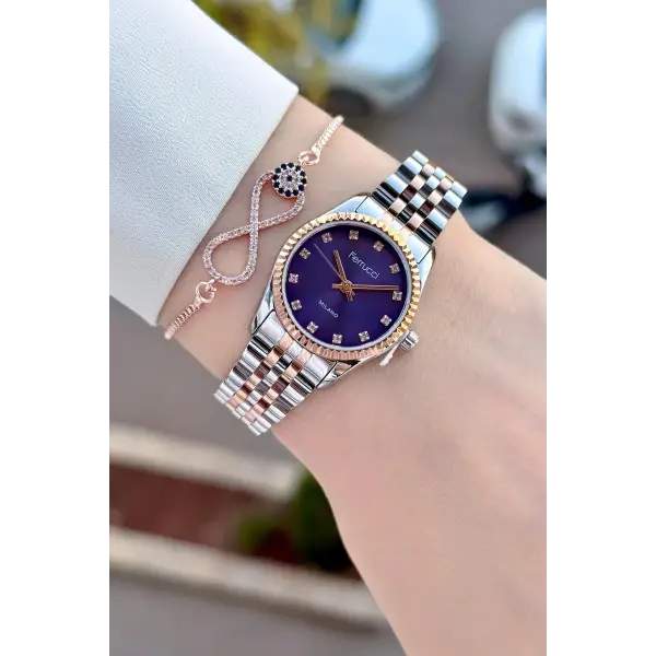 Kadranı Mor Kordonu Rose Gümüş Renk 24 Mm Kadın Kol Saati ve Bileklik