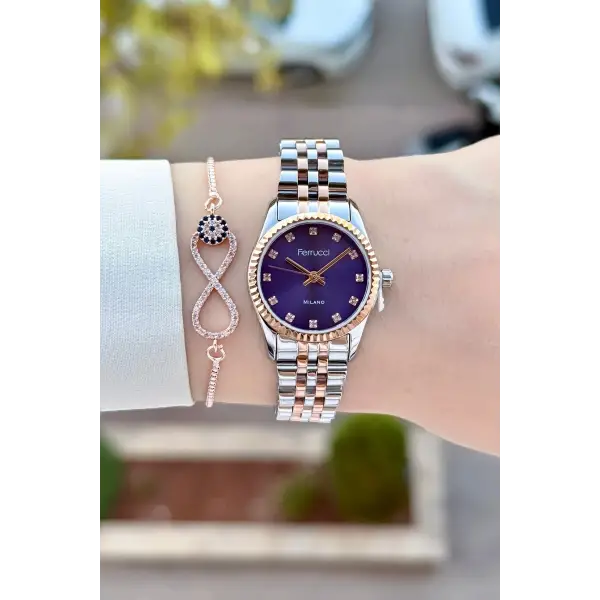 Kadranı Mor Kordonu Rose Gümüş Renk 24 Mm Kadın Kol Saati ve Bileklik