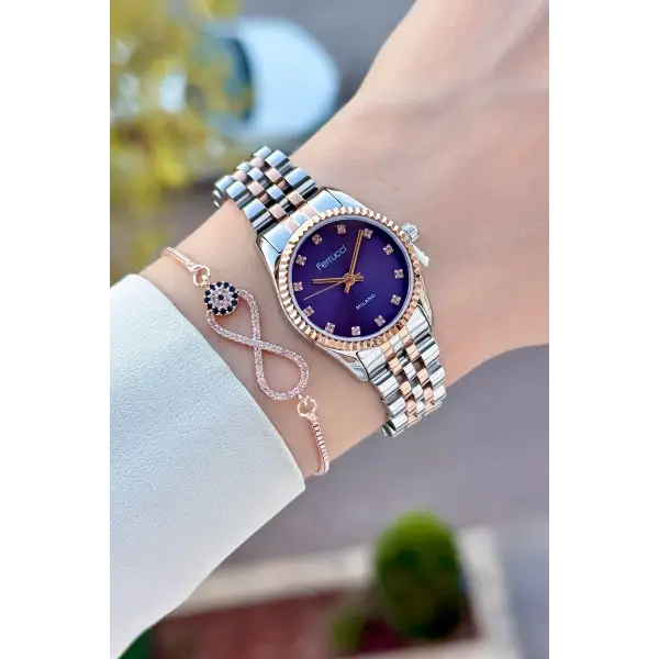 Kadranı Mor Kordonu Rose Gümüş Renk 24 Mm Kadın Kol Saati ve Bileklik