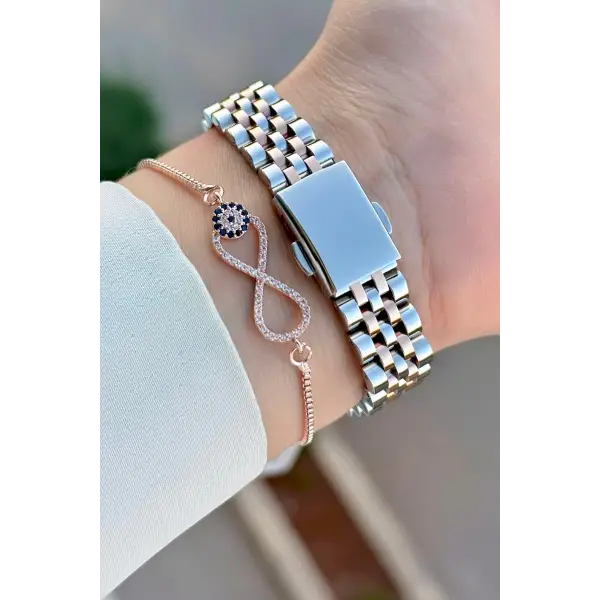 Kadranı Mor Kordonu Rose Gümüş Renk 24 Mm Kadın Kol Saati ve Bileklik