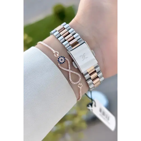 Kadranı Rose Kordonu Rose Gümüş Renk 33 Mm Hediye Paketli Kadın Kol Saati ve Bileklik