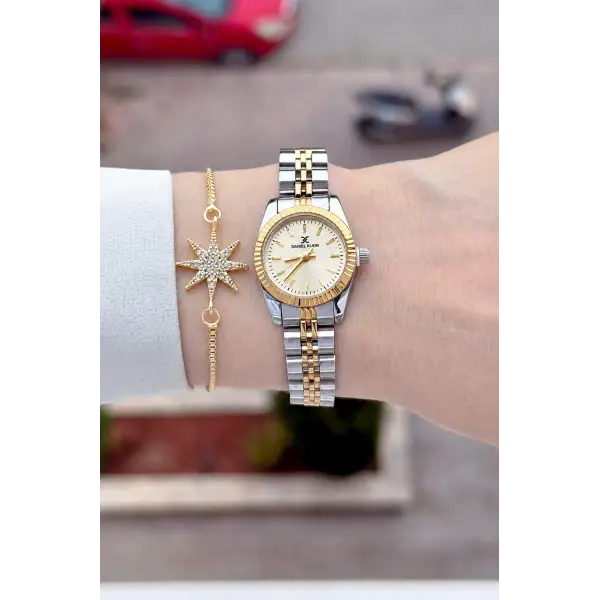 Kadranı Sarı Kordonu Gold Gümüş Renk 22,5 Mm Hediye Paketli Kadın Kol Saati ve Bileklik
