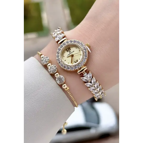 Kadranı Sarı Kordonu Gold Renk 22,5 Mm Gelinlik Model Kadın Kol Saati