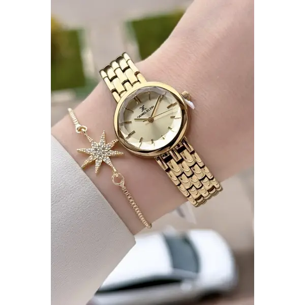 Kadranı Sarı Kordonu Gold Renk 25 Mm Hediye Paketli Kadın Kol Saati