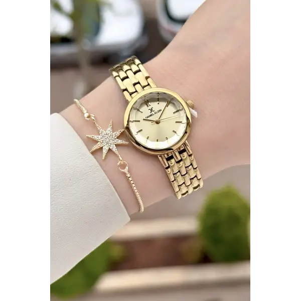 Kadranı Sarı Kordonu Gold Renk 25 Mm Hediye Paketli Kadın Kol Saati