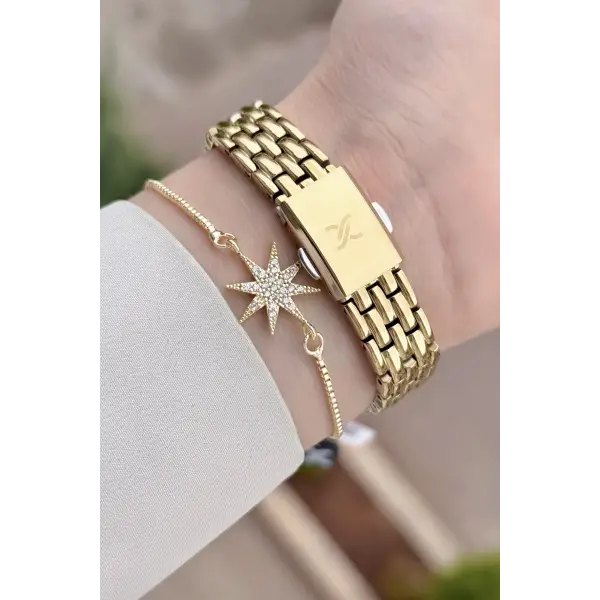Kadranı Sarı Kordonu Gold Renk 25 Mm Hediye Paketli Kadın Kol Saati