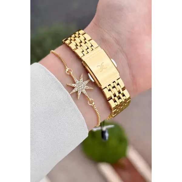 Kadranı Sarı Kordonu Gold Renk 31 Mm Hediye Paketli Kadın Kol Saati