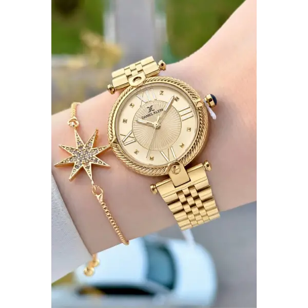 Kadranı Sarı Kordonu Gold Renk 32 Mm Kadın Kol Saati ve Bileklik