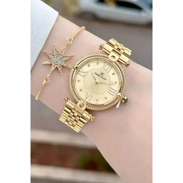 Kadranı Sarı Kordonu Gold Renk 32 Mm Kadın Kol Saati ve Bileklik