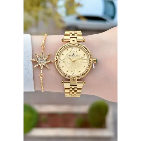 Kadranı Sarı Kordonu Gold Renk 32 Mm Kadın Kol Saati ve Bileklik