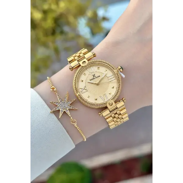 Kadranı Sarı Kordonu Gold Renk 32 Mm Kadın Kol Saati ve Bileklik