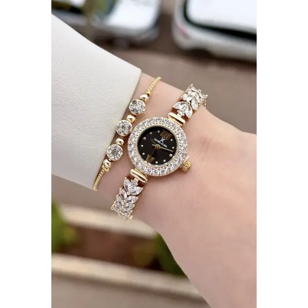 Kadranı Siyah Kordonu Gold Renk 22,5 Mm Gelinlik Model Kadın Kol Saati