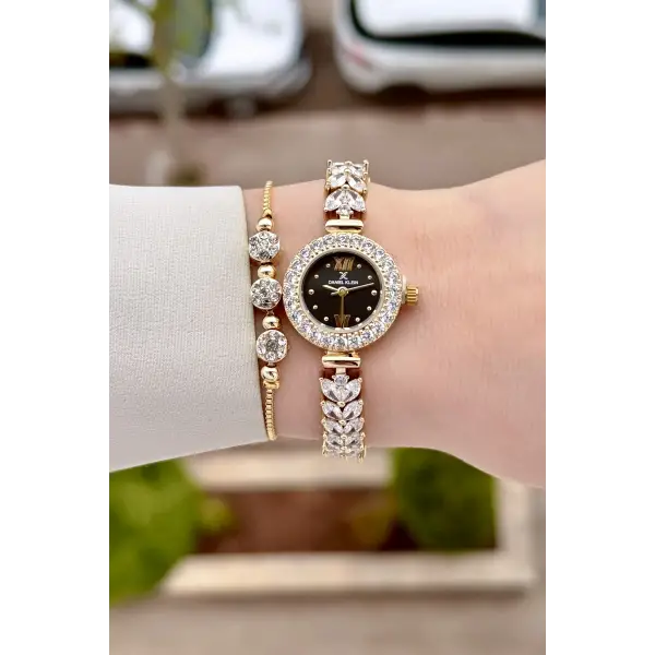 Kadranı Siyah Kordonu Gold Renk 22,5 Mm Gelinlik Model Kadın Kol Saati