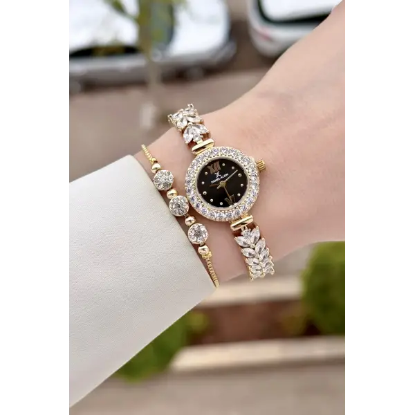 Kadranı Siyah Kordonu Gold Renk 22,5 Mm Gelinlik Model Kadın Kol Saati