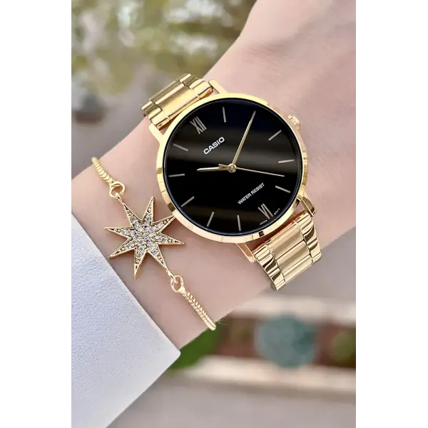Casio CSISTE161 Kadranı Siyah Kordonu Gold Renk Kadın Kol Saati