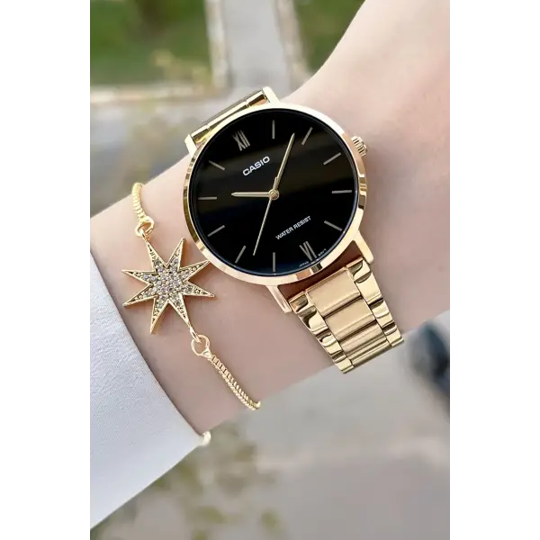 Casio CSISTE161 Kadranı Siyah Kordonu Gold Renk Kadın Kol Saati