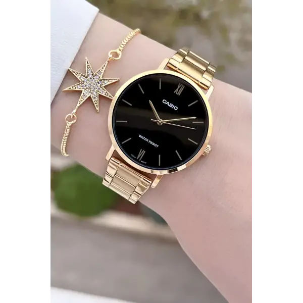 Casio CSISTE161 Kadranı Siyah Kordonu Gold Renk Kadın Kol Saati