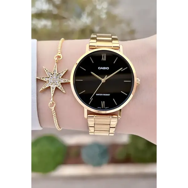 Casio CSISTE161 Kadranı Siyah Kordonu Gold Renk Kadın Kol Saati