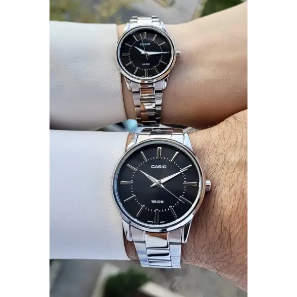 Casio CSISTE105 Kadranı Siyah Kordonu Gümüş Renk Hediye Paketli Sevgili Çift İki Kol Saati