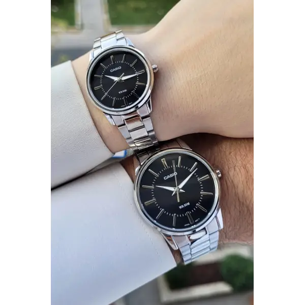Casio CSISTE105 Kadranı Siyah Kordonu Gümüş Renk Hediye Paketli Sevgili Çift İki Kol Saati