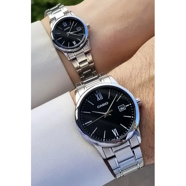Casio CSISTE57 Kadranı Siyah Kordonu Gümüş Renk Hediye Paketli Sevgili Çift İki Kol Saati