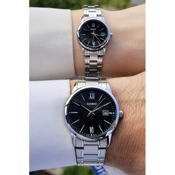 Casio CSISTE57 Kadranı Siyah Kordonu Gümüş Renk Hediye Paketli Sevgili Çift İki Kol Saati