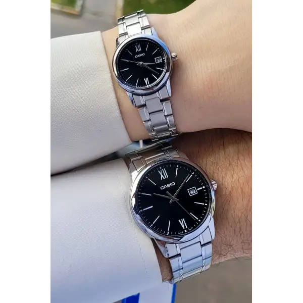 Casio CSISTE57 Kadranı Siyah Kordonu Gümüş Renk Hediye Paketli Sevgili Çift İki Kol Saati