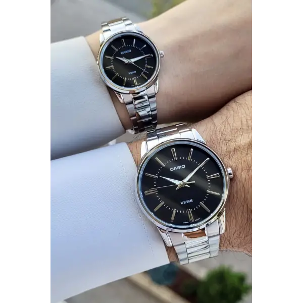 Casio CSISTE105 Kadranı Siyah Kordonu Gümüş Renk Hediye Paketli Sevgili Çift İki Kol Saati
