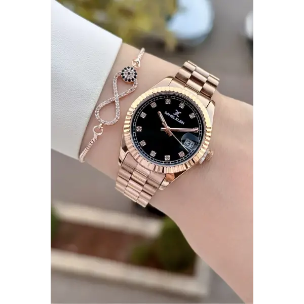 Kadranı Siyah Kordonu Rose Renk 33 Mm Hediye Paketli Kadın Kol Saati ve Bileklik