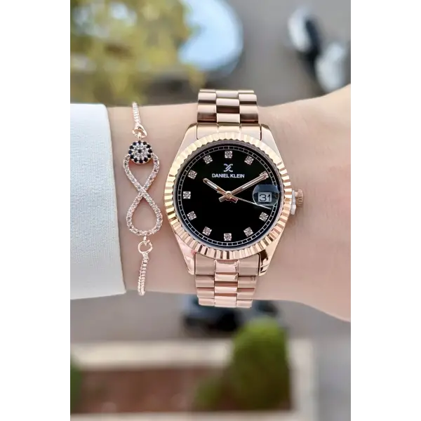 Kadranı Siyah Kordonu Rose Renk 33 Mm Hediye Paketli Kadın Kol Saati ve Bileklik