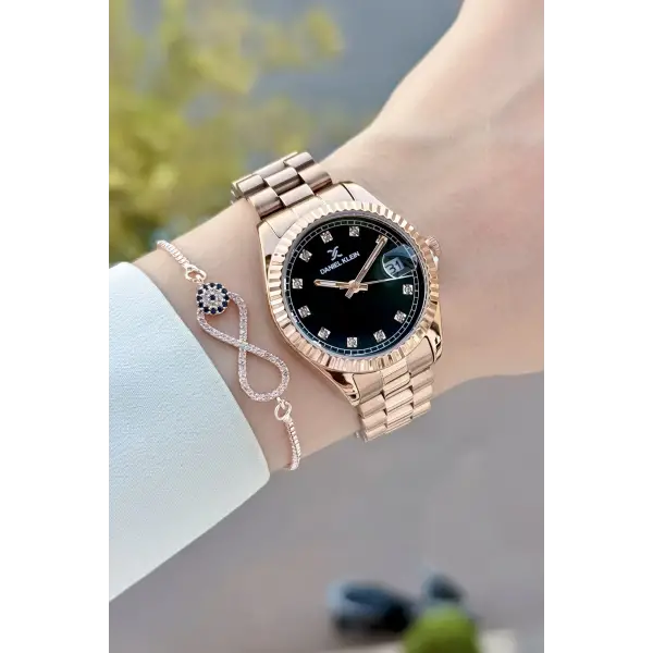 Kadranı Siyah Kordonu Rose Renk 33 Mm Hediye Paketli Kadın Kol Saati ve Bileklik